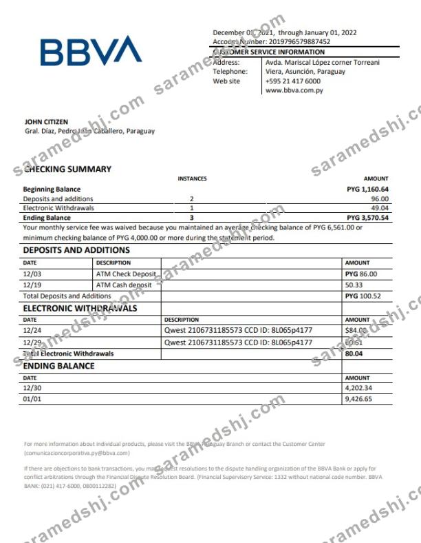 Paraguay BBVA bank statement